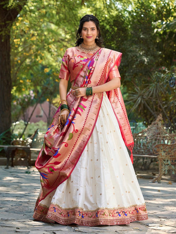 White Color Weaving Zari Work Jacquard Silk Lehenga Choli - women's fashion mart