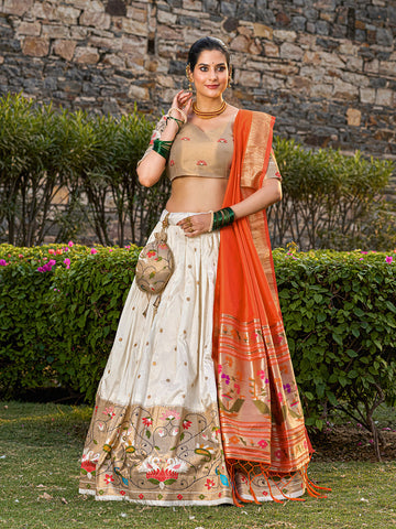 White Color Jacquard Silk (Paithani) Weaving Zari Work Maharashtra Wear Lehenga Choli - women's fashion mart