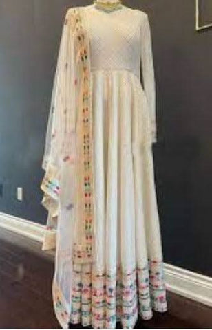 White Georgette Gown With Laced Dupatta -Gowns Semi Stitched women's fashion mart