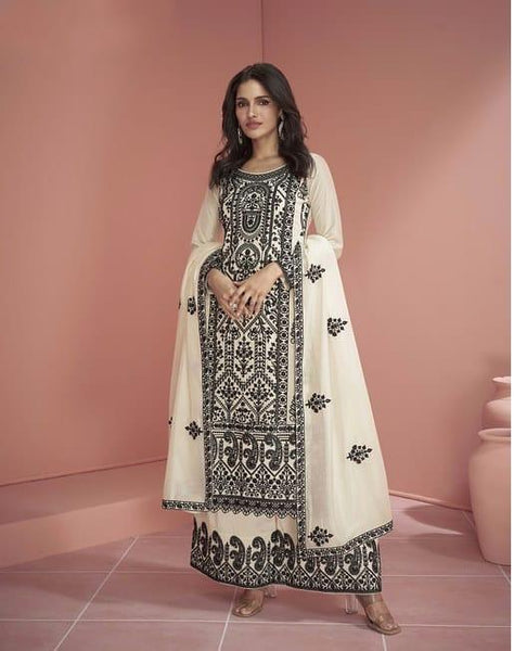 White Silk Embroidered palazzo suit with dupatta - women's fashion mart
