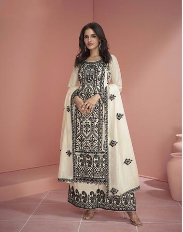 White Silk Embroidered palazzo suit with dupatta - women's fashion mart