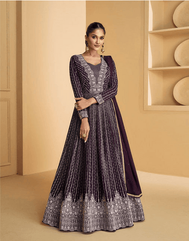 Wine color Full Length Gown With embroidery work - women's fashion mart