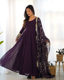 Wine Faux Georgette Anarkali Pant Suit With Sequins Embroidered Dupatta -Salwar Kameez S women's fashion mart