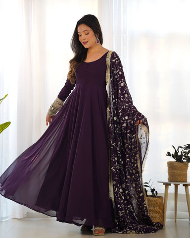 Wine Faux Georgette Anarkali Pant Suit With Sequins Embroidered Dupatta -Salwar Kameez S women's fashion mart