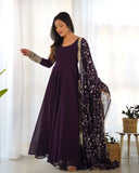 Wine Faux Georgette Anarkali Pant Suit With Sequins Embroidered Dupatta -Salwar Kameez S women's fashion mart