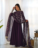 Wine Faux Georgette Anarkali Pant Suit With Sequins Embroidered Dupatta -Salwar Kameez S women's fashion mart