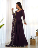 Wine Faux Georgette Anarkali Pant Suit With Sequins Embroidered Dupatta -Salwar Kameez S women's fashion mart