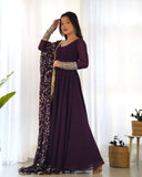 Wine Faux Georgette Anarkali Pant Suit With Sequins Embroidered Dupatta -Salwar Kameez S women's fashion mart