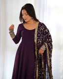 Wine Faux Georgette Anarkali Pant Suit With Sequins Embroidered Dupatta -Salwar Kameez S women's fashion mart