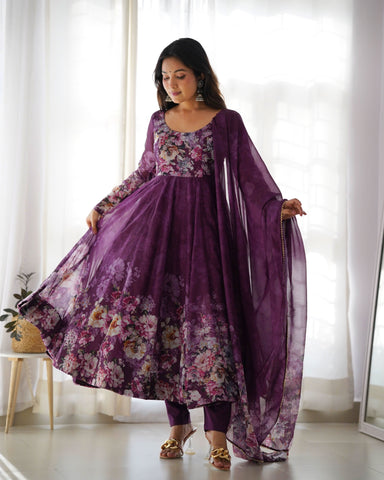 Wine Color Organza Printed Anarkali Suit With Dupatta -Anarkali Suit S women's fashion mart