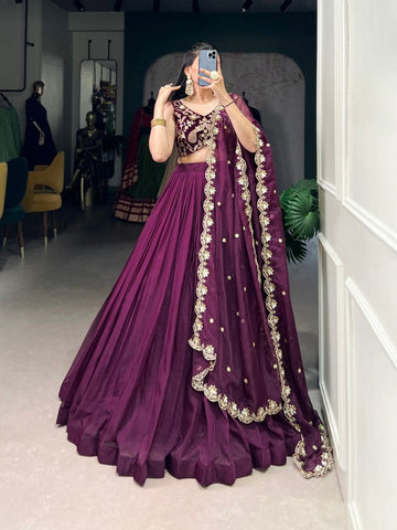 Wine Color Plain With Organza Lehenga Choli - women's fashion mart