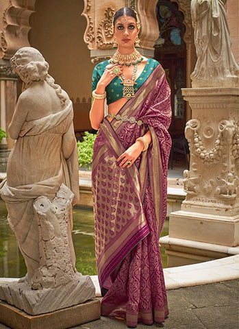 Wine Colored Silk Jacquard Weaving Worked Designer Saree - women's fashion mart