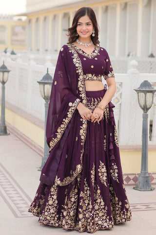 Wine Lehenga Choli with Intricate Embroidery -Lehenga Choli Semi Stitched women's fashion mart