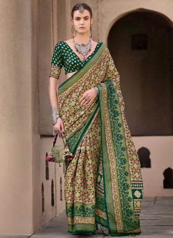 Divine Dark Green Ajrakh Printed Sigma Silk Traditional Saree - women's fashion mart