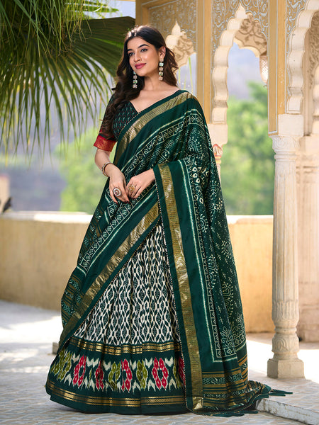 Green Color Ikkat Print With Foil Work Tussar Silk Lehenga Choli - women's fashion mart