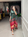 Green Color Digital Print With Gotta Patti Lace Border Gaji Silk Kaftan - women's fashion mart