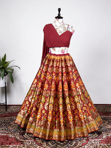 Maroon Color Zari Weaving Work Banarasi Silk Lehenga Choli - women's fashion mart