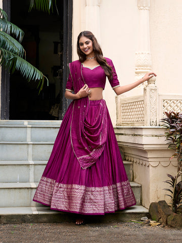 Wine Color Plain With Zari Weaving Work Chanderi Lehenga Choli - women's fashion mart