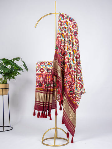 Off White Color Digital Printed Pure Gaji Silk Dupatta With Tassels