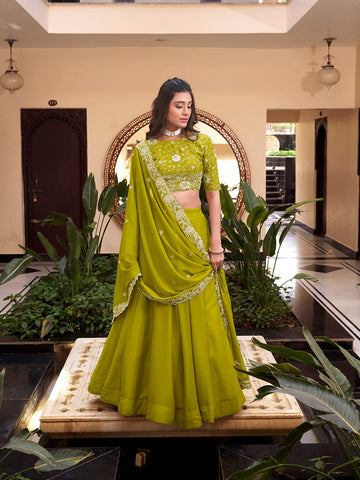 Parrot Color Pearl Coding And Sequins Embroidery Work Star Georgette Lehenga Choli