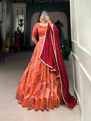 Peach Color Printed With Tussar Silk Lehenga Choli - women's fashion mart