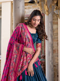 Peacock Blue Color Printed Foil Work Tussar Silk Lehenga Choli
