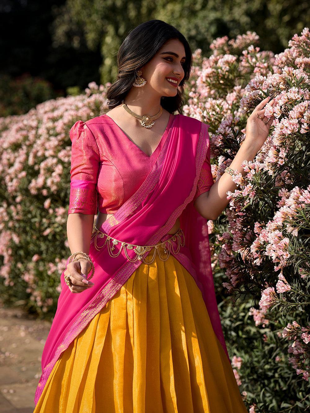 Mustard Color Zari Weaving Work Kanchipuram South Indian Lehenga Choli -south culture Unstitched / Semi-Stitched women's fashion mart