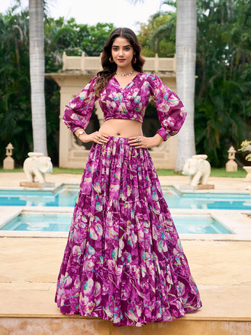Wine Color Floral Printed Georgette Chex Co-ord Set Lehenga Choli - women's fashion mart