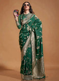 Classic Contemporary Hand Woven Dark Green Silk Saree - women's fashion mart