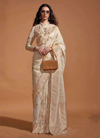 Classic Hand Woven Off White Silk Saree -Saree Unstitched women's fashion mart