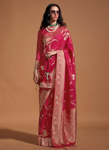 Heartwarming Hand Woven Designer Dark Pink Silk Saree - women's fashion mart