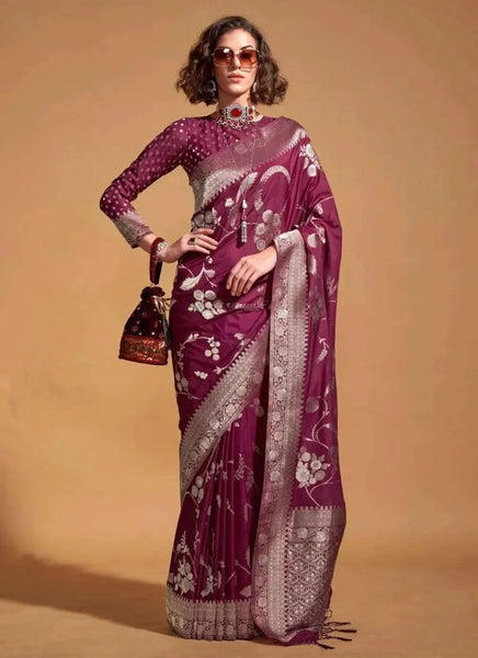 Trendy Hand Woven Maroon Silk Saree -Saree Unstitched women's fashion mart