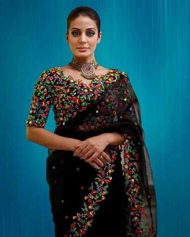 Black multi thread work georgette saree -Georgette Saree Default Title women's fashion mart