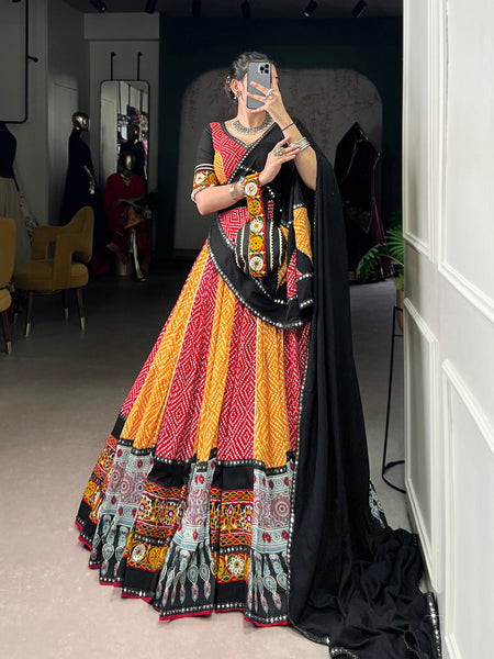 Yellow Color Bandhej And Ajarakh Printed Rayon Chaniya Choli