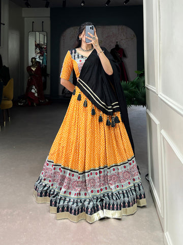 Yellow Color Bandhej And Ajarakh Print With Gota Lace Border Rayon Chaniya Choli - women's fashion mart