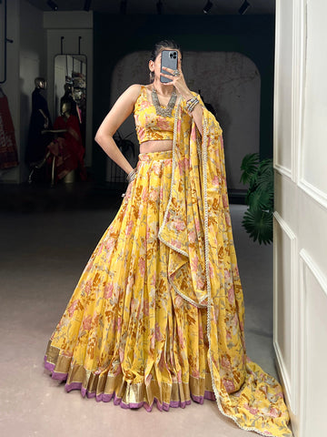 Yellow Color Floral And Foil Print With Embossed Design Ghaghra choli