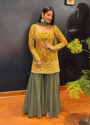 Yellow Color Georgette Fabric Sharara Salwar Suit -Salwar Kameez Semi Stitched women's fashion mart