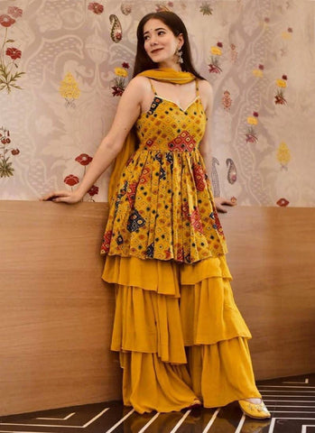 Yellow Color Georgette Material Fancy Looking Sharara Salwar Suit -Salwar Kameez Semi Stitched women's fashion mart