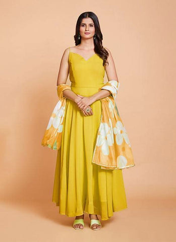 Yellow Color Georgette Raksha Bandhan Special Gown -Gowns Semi Stitched women's fashion mart