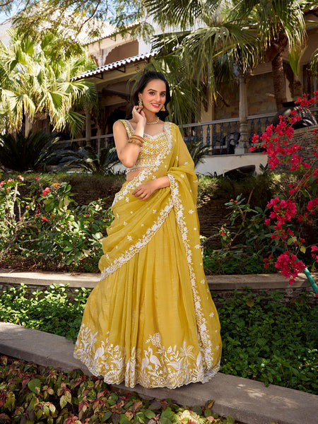 Yellow Color Sequins And Thread Embroidery Work Gold Crush Haldi Lehenga Choli