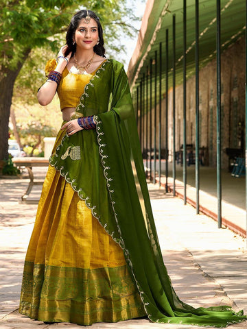 Yellow Color Zari Weaving Work Kanjivaram Lehenga Choli -lehenga choli design Unstitched / Semi-Stitched women's fashion mart