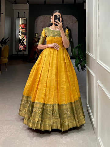 Yellow Color Zari Weaving Work Kanjivaram Dress -Haldi rasam gown Free Size women's fashion mart