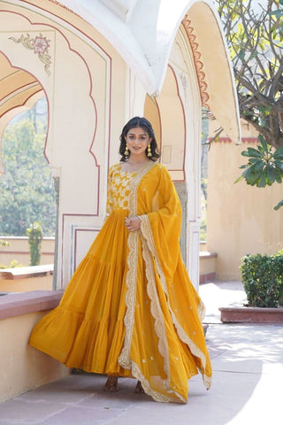 Yellow Georgette Ruffle gown with dupatta -Gowns S / Yellow women's fashion mart