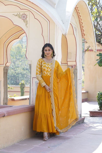 Yellow Georgette Ruffle gown with dupatta -Gowns S / Yellow women's fashion mart
