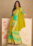 Yellow Green Chinon Silk Floral Festival Wear Top Palazzo Suit - women's fashion mart