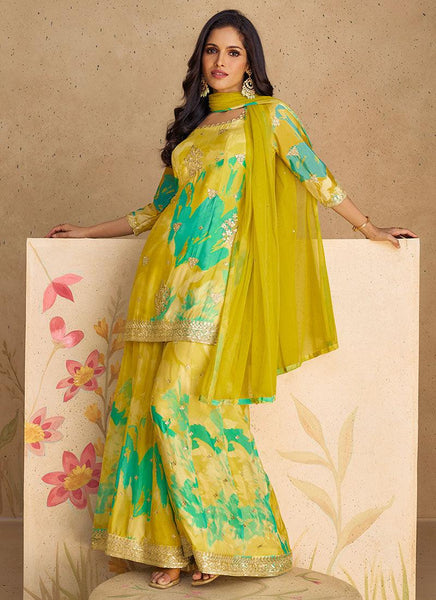 Yellow Green Chinon Silk Floral Festival Wear Top Palazzo Suit - women's fashion mart