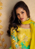 Yellow Green Chinon Silk Floral Festival Wear Top Palazzo Suit - women's fashion mart