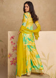 Yellow Green Chinon Silk Floral Festival Wear Top Palazzo Suit - women's fashion mart