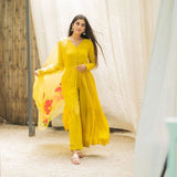 Yellow Pure Maska Cotton Silk Top Palazzo Shrug Set - women's fashion mart
