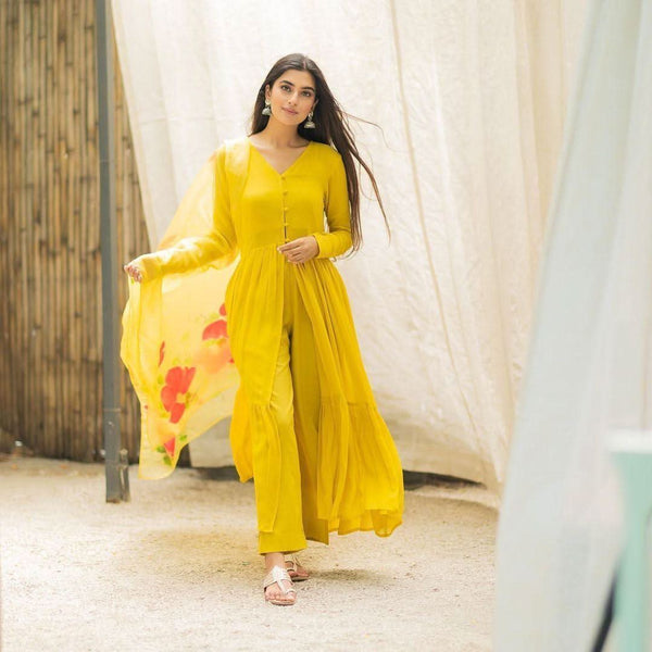 Yellow Pure Maska Cotton Silk Top Palazzo Shrug Set - women's fashion mart